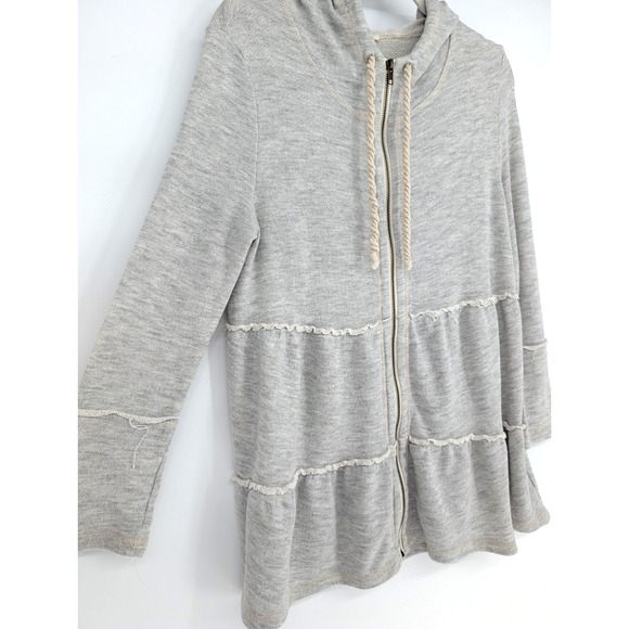 Easel Gray Babydoll Tiered Rufffle Hem Boho Cottage Hooded Zip Cardigan Medium - Picture 4 of 8